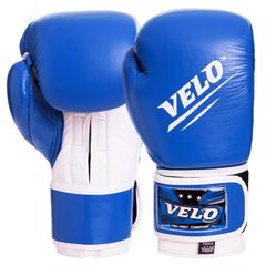 Перчатки кожаные для бокса VELO на липучке сине-белые VL-2210, 12 унций