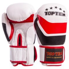 Перчатки боксерские TOP TEN кожаные на липучке MA-6752 бело-красно-черные OF, 12 унций