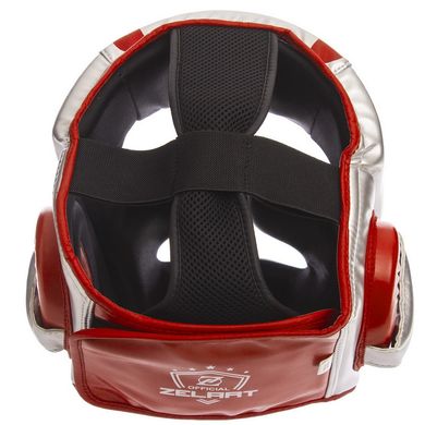 Шлем боксерский с полной защитой серебряный-красный PU ZELART BO-1328
