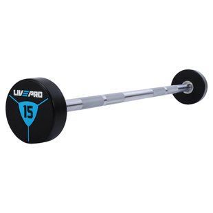 Штанга неразборная с фиксированным весом прямая полиуретановая LiveUp LP8010-15 длина-89,2см 15кг черный-синий