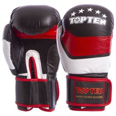 Боксерские перчатки TOP TEN кожаные на липучке MA-6752 черно-красно-белые, 12 унций