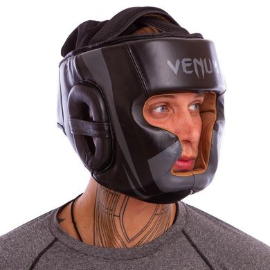 Боксерский шлем с полной защитой кожаный VENUM черно-серый BO-5239, L
