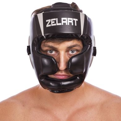 Шлем боксерский закрытый с полной защитой черный-серебряный PU ZELART BO-1328
