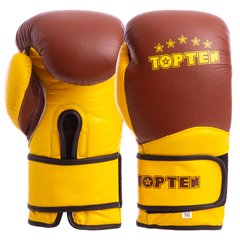 Перчатки боксерские кожаные на липучке TOP TEN MA-6756 коричнево-желтые, 12 унций
