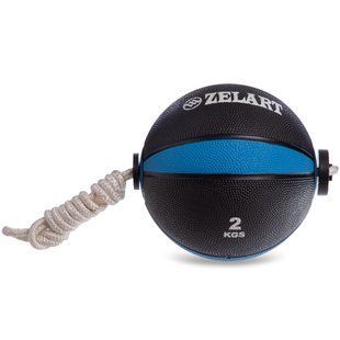 Мяч медицинский с веревкой Tornado Balll Zelart FI-5709-2 2кг черный-голубой