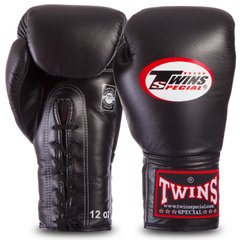 Перчатки боксерские кожаные на шнуровке TWINS BGLL1 черные, 16 унций