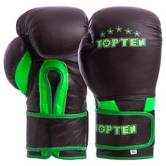 Кожаные перчатки для бокса на липучке TOP TEN MA-6756 черно-зеленые, 10 унций