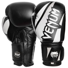 Боксерские перчатки на липучке кожаные VENUM CHALLENGER BRASIL VL-2049 черно-белые, 12 унций