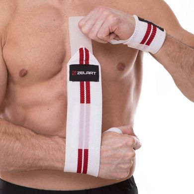 Бинты кистевые для жима STRENGTH WRIST WRAPS Zelart SB-167071 2шт белый-красный