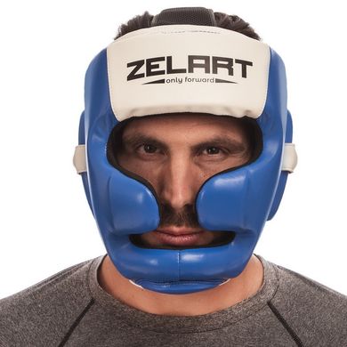 Шлем боксерский с полной защитой сине-белый PU ZELART BO-1390