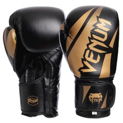 Перчатки боксерские на липучке кожаные VENUM CHALLENGER BRASIL VL-2049 черно-золотые, 10 унций