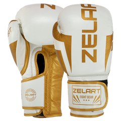 Боксерские перчатки кожаные на липучке Zelart ELITE VL-8291 бело-золотые, 10 унций