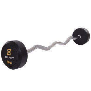 Штанга неразборная с фиксированным весом изогнутая обрезиненная Zelart Rubber Coated Barbell TA-2687-30 длина-95см 30кг черный