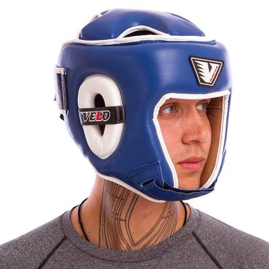 Боксерский шлем кожаный открытый с усиленной защитой макушки синий VELO VL-8195