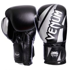 Перчатки для бокса на липучке кожаные VENUM CHALLENGER BRASIL VL-2049 черно-серебряные, 12 унций