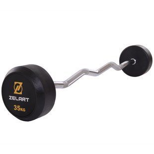 Штанга неразборная с фиксированным весом изогнутая обрезиненная Zelart Rubber Coated Barbell TA-2687-35 длина-95см 35кг черный