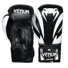Перчатки боксерские на липучке кожаные VENUM IMPACT CLASSIC VL-8316 черно-белые, 12 унций