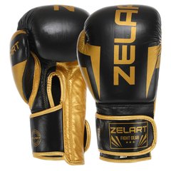 Перчатки боксерские кожаные на липучке Zelart ELITE VL-8291 черно-золотые, 12 унций