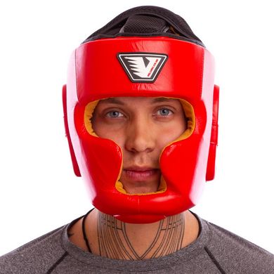 Боксерский шлем кожаный с полной защитой красный VELO VL-8193