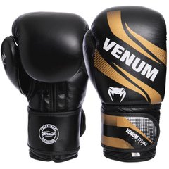 Боксерские перчатки кожаные VENUM COMMANDO на липучке VL-2040 черно-золотые, 10 унций