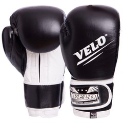 Перчатки кожаные боксерские VELO на липучке черно-белые VL-2210, 12 унций