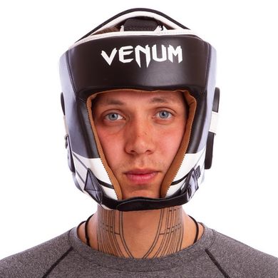 Шлем боксерский открытый с усиленной защитой макушки кожаный черный с белым VENUM BO-6629