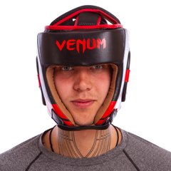 Шлем для бокса кожаный открытый с усиленной защитой макушки черный с красным VENUM BO-6629