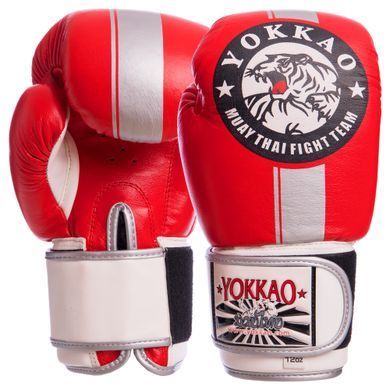 Рукавиці боксерські на липучці шкіряні YOKKAO YK016 розмір 12 унції колір синій-сірий