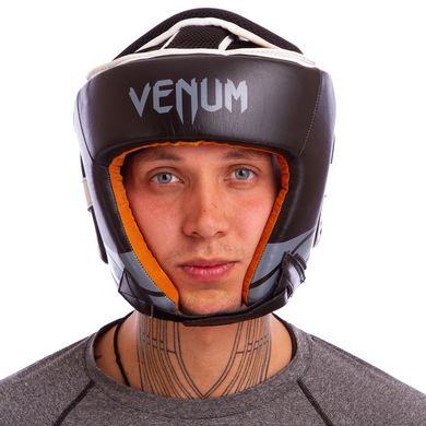 Шлем боксерский кожаный открытый с усиленной защитой макушки черный с серым VENUM BO-6629