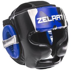 Боксерский шлем с полной защитой черный с синим PU ZELART BO-1320