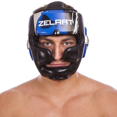 Боксерский шлем с полной защитой черный с синим PU ZELART BO-1320