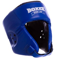 Кожаный боксерский шлем открытый с усиленной защитой макушки синий BOXER 2029