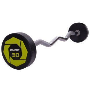 Штанга неразборная с фиксированным весом изогнутая полиуретановая Zelart Urethane Barbell TA-2690-30 длина-107см 30кг черный-салатовый