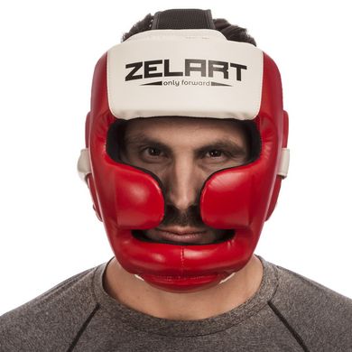 Боксерский шлем с полной защитой красный-белый PU ZELART BO-1390
