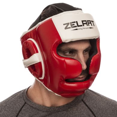 Боксерский шлем с полной защитой красный-белый PU ZELART BO-1390