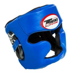 Боксерский кожаный шлем с полной защитой синий TWINS TW-015
