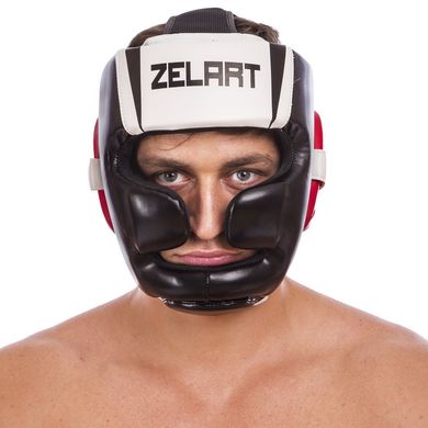 Боксерский шлем с полной защитой белый-черный-красный PU ZELART BO-1328